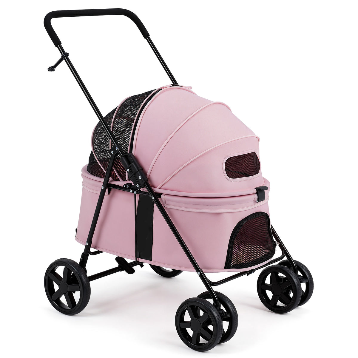 The dog stroller with the canopy fully closed on a white background