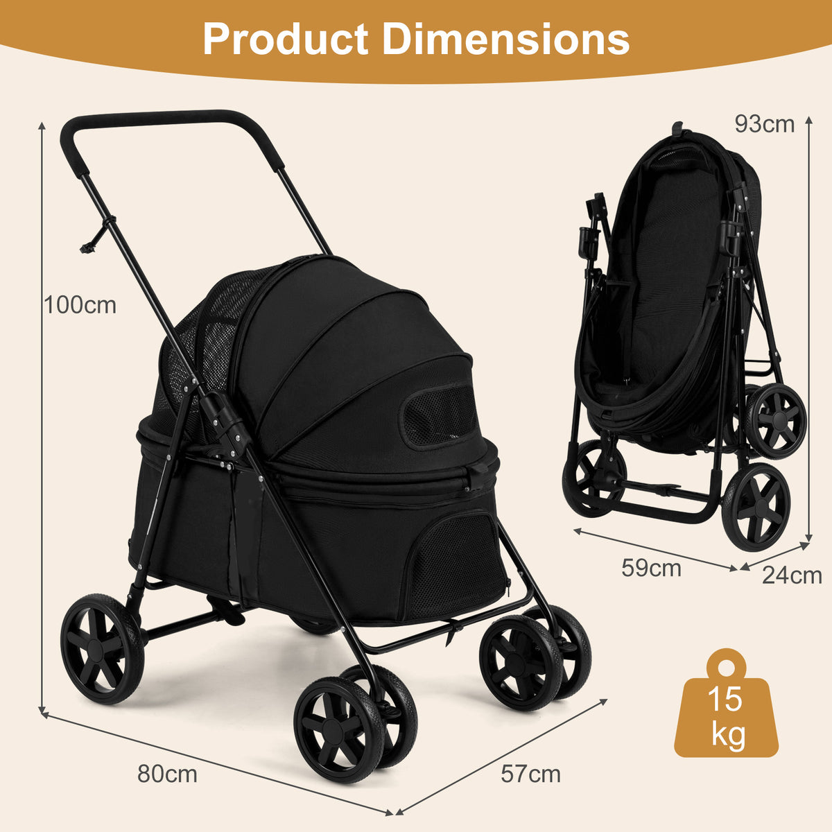 The dog stroller shown with various measurements and a weight limit icon