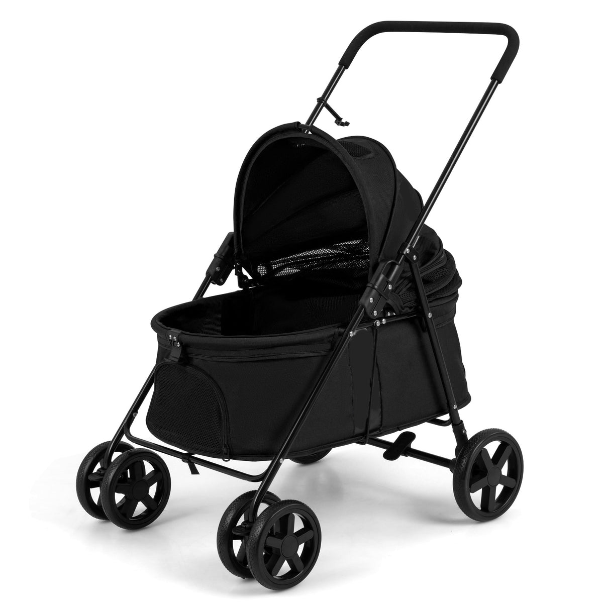 The dog stroller in black with the canopy open against a plain white background