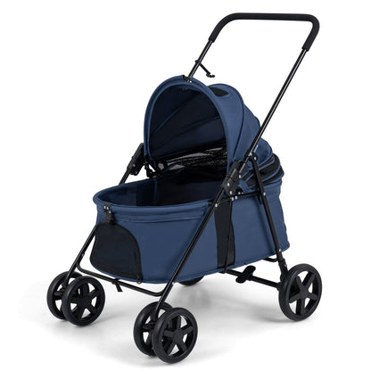 The dog stroller with the navy canopy open and mesh windows on a plain white background