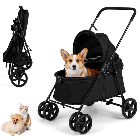 Pet Stroller for Small Medium Dogs with a corgi inside and a folded version on the side