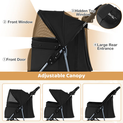 Adjustable canopy of the black pet stroller shown in different positions with labelled entrances