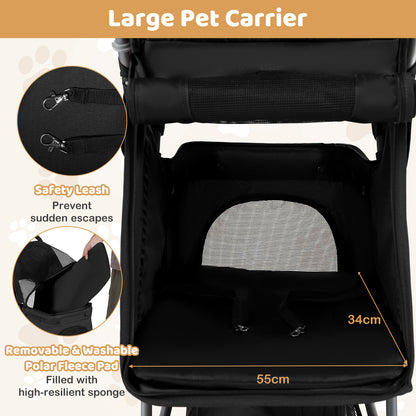 Interior view of the black pet stroller, showing the safety leash and removable pad