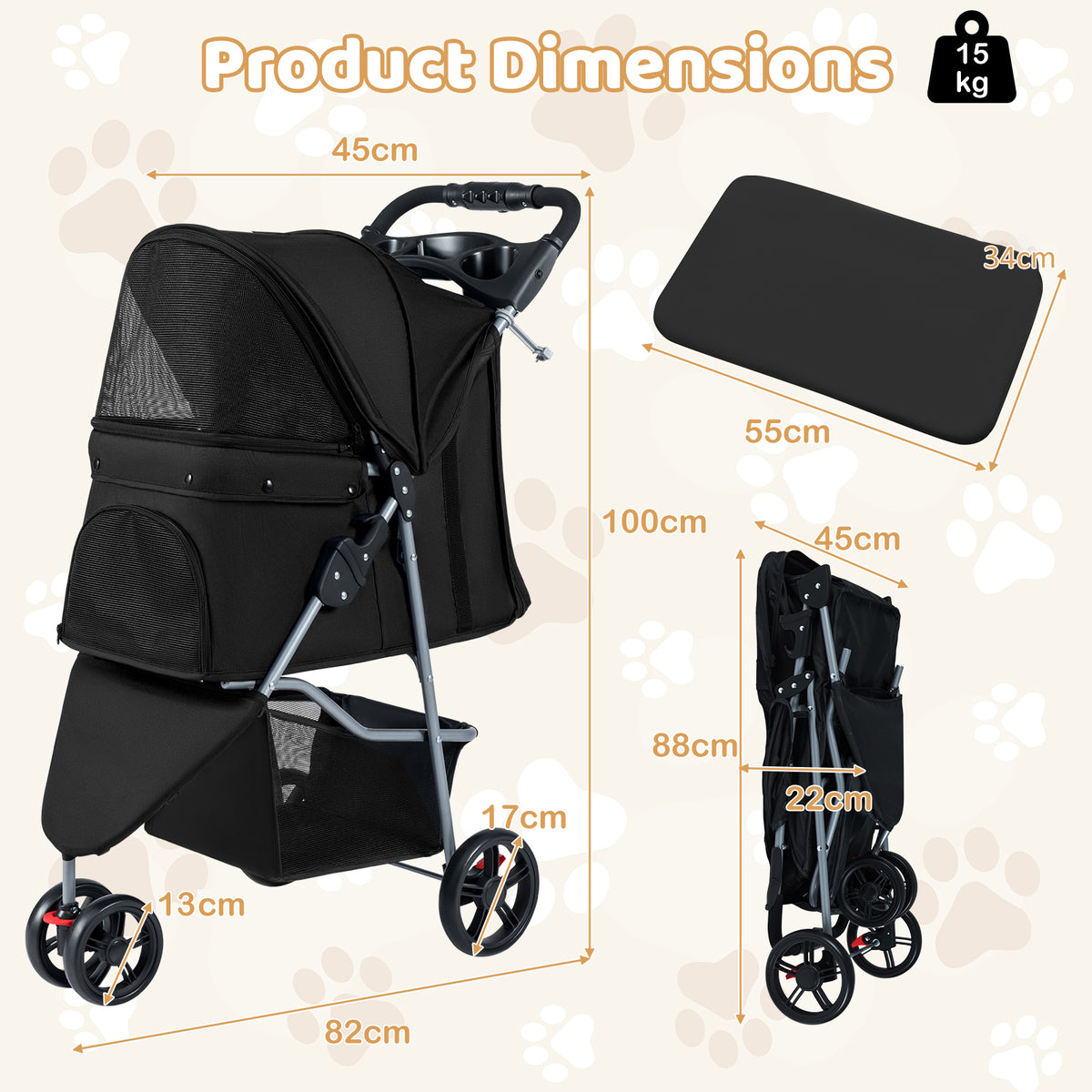 Product dimensions diagram for the black pet stroller, showing height, width, and depth measurements