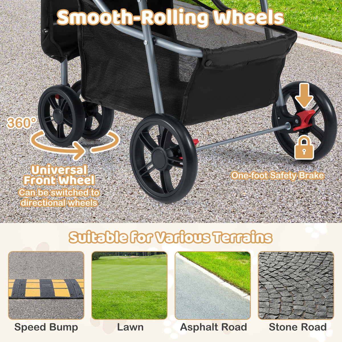 Close-up of the black pet stroller wheels, demonstrating smooth rolling and terrain suitability