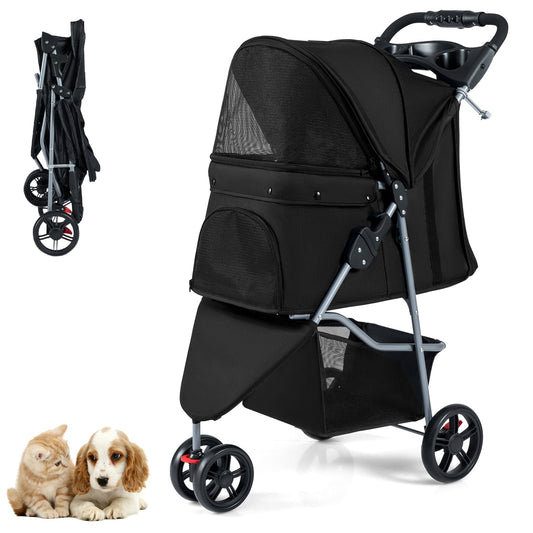 Pet Stroller with Adjustable Canopy and 3 Shock-absorbing Wheels in black, shown folded and unfolded with two small dogs