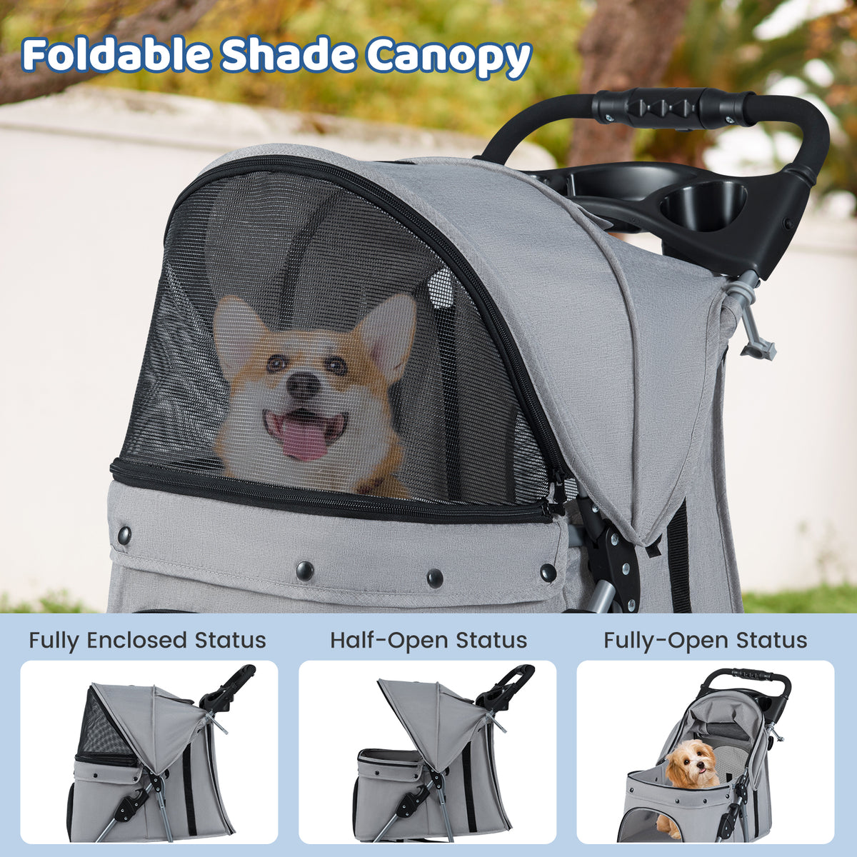 Close up of the adjustable canopy on the pet stroller showing different opening options