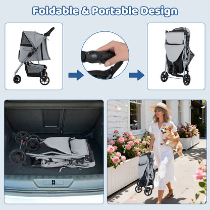 The grey pet stroller folded and placed in a car boot and being carried