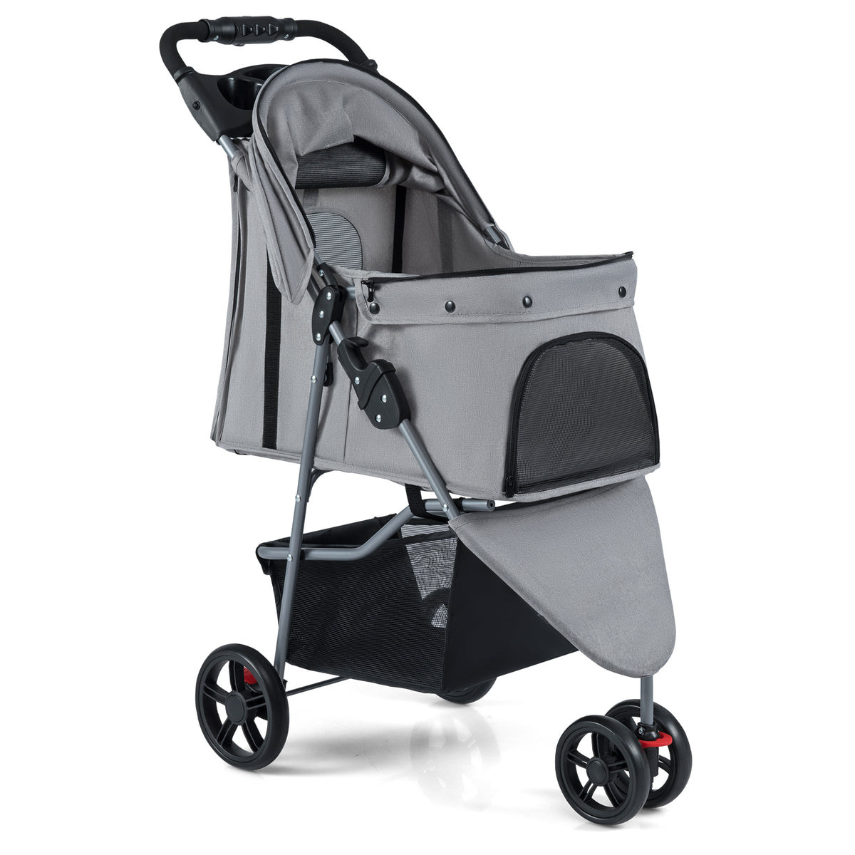 Grey pet stroller with canopy up and storage basket underneath