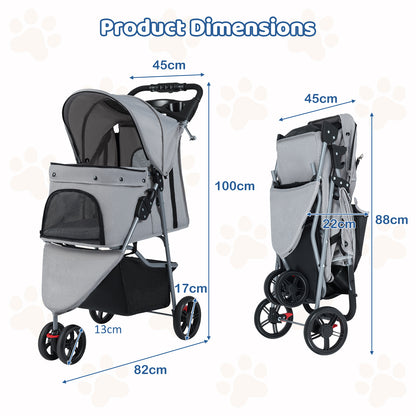 Diagram showing the dimensions of the grey pet stroller