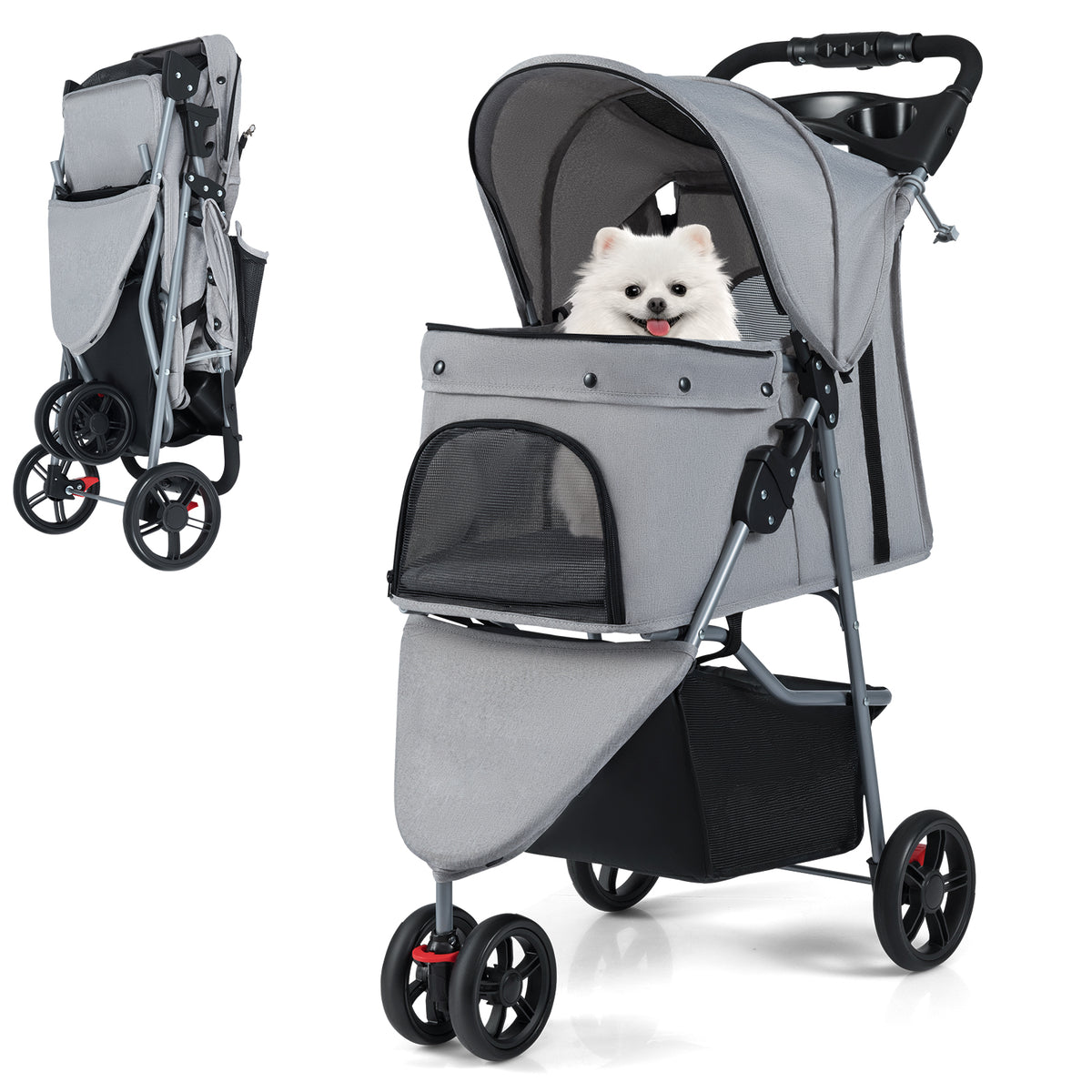 Pet Stroller with Adjustable Canopy and 3 Shock-absorbing Wheels in grey with a small dog inside
