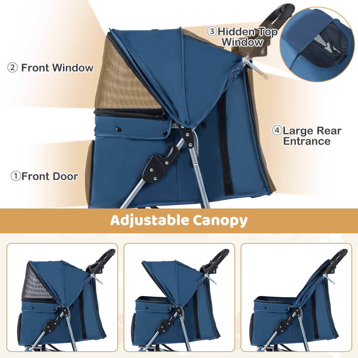 The pet carriage showing the adjustable canopy positions and the various mesh window openings