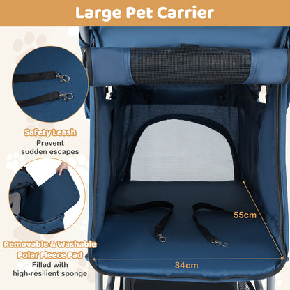 Interior view of the navy pet carrier showing the removable and washable polar fleece pad and two safety leashes