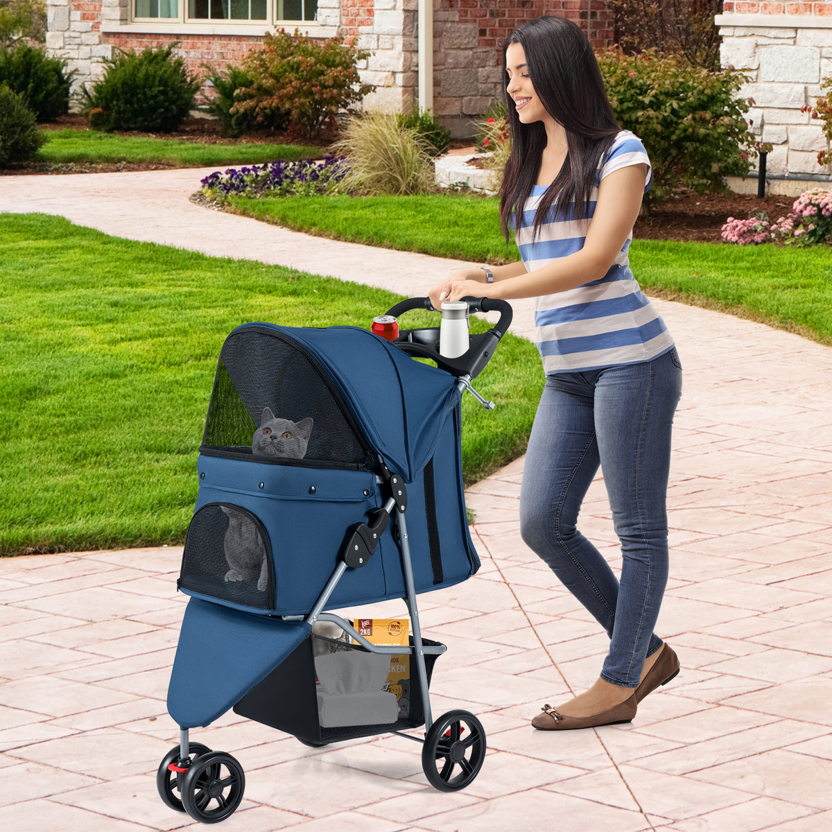 The navy pet buggy being pushed by a woman on a paved path with a cat sitting inside
