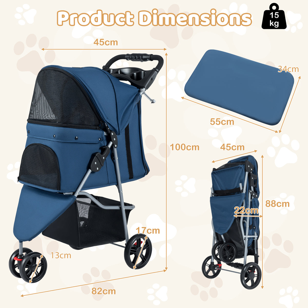 Product dimensions diagram for the navy pet stroller showing measurements for height, width and depth