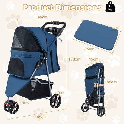 Product dimensions diagram for the navy pet stroller showing measurements for height, width and depth