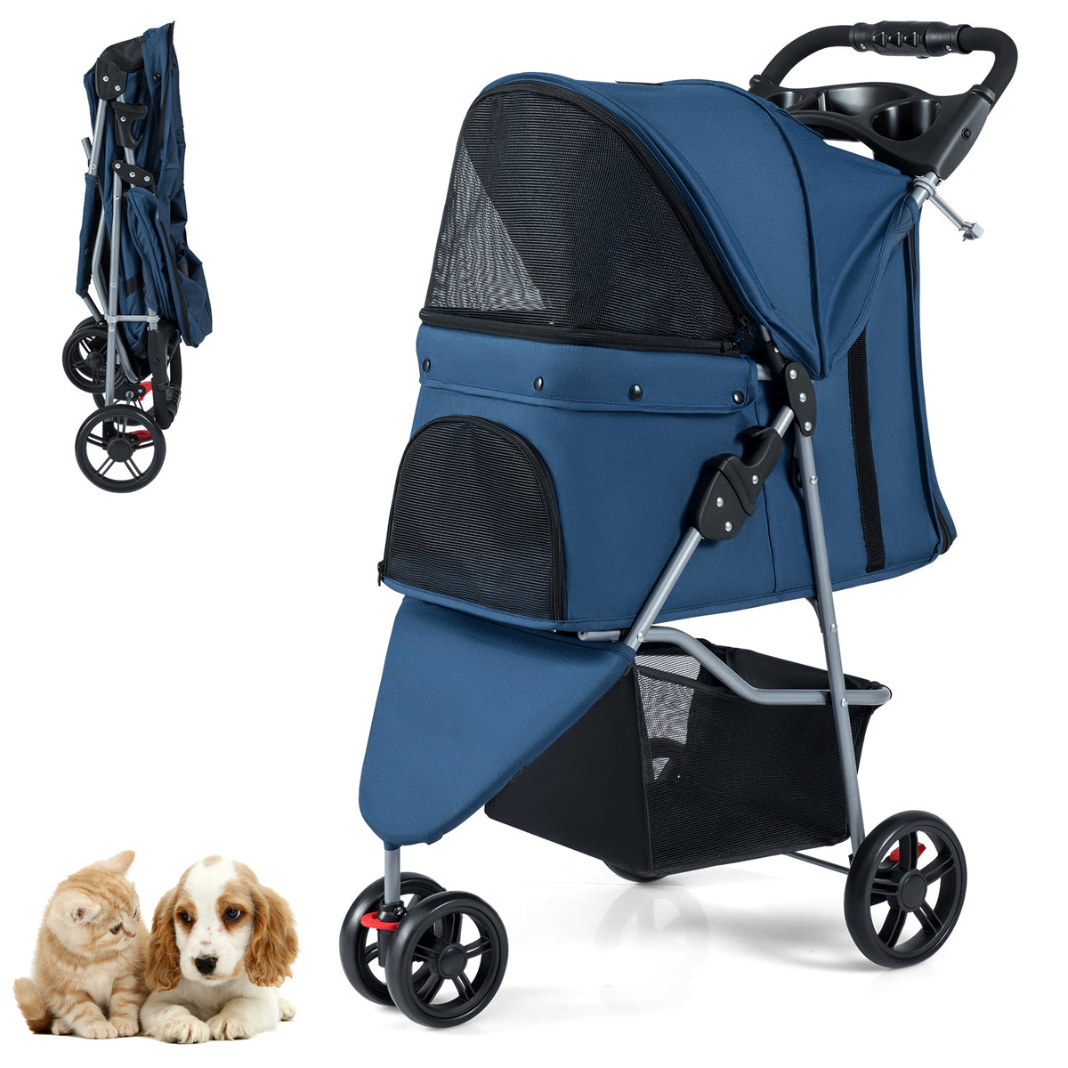 Pet Stroller with Adjustable Canopy and 3 Shock-absorbing Wheels shown folded and fully assembled