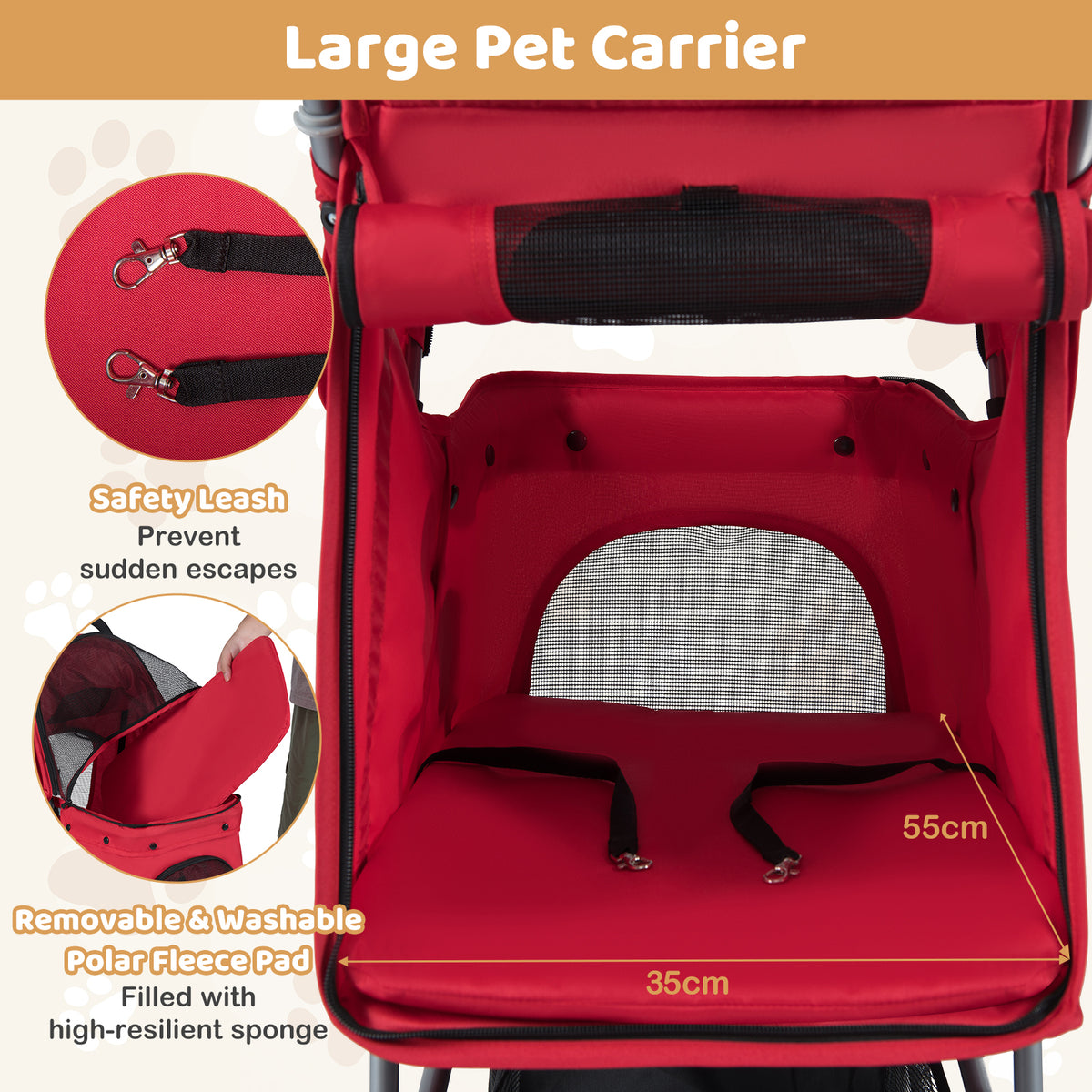 The red pet stroller interior with safety leash and removable washable pad, showing dimensions