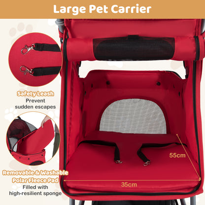 The red pet stroller interior with safety leash and removable washable pad, showing dimensions