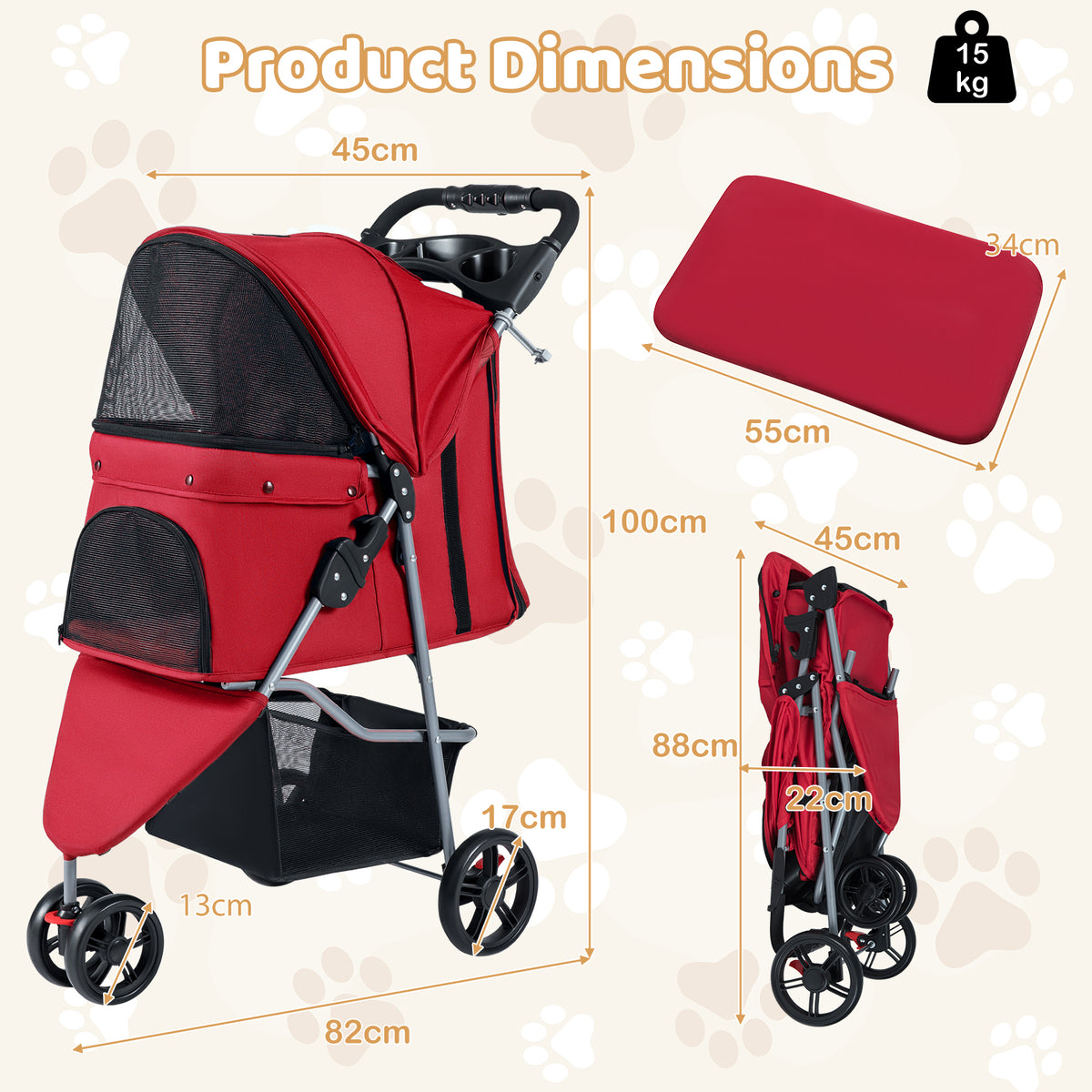 Product dimensions diagram for the red pet stroller, showing measurements and a folded view