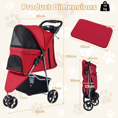 Product dimensions diagram for the red pet stroller, showing measurements and a folded view