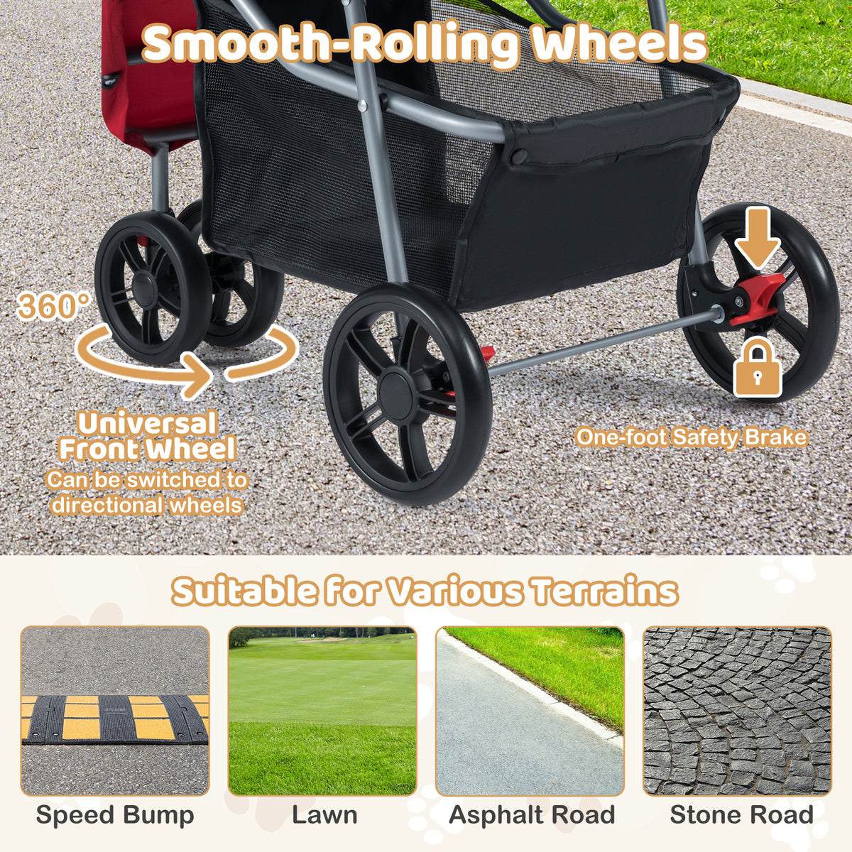 Close-up of the red pet stroller wheels, showing smooth rolling and a safety brake
