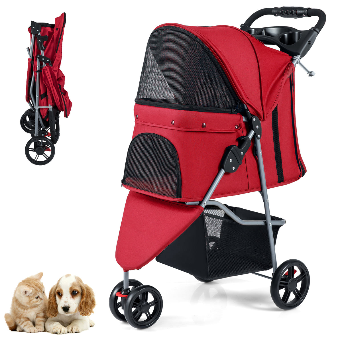 Pet Stroller with Adjustable Canopy and 3 Shock-absorbing Wheels in red, shown folded with two kittens nearby
