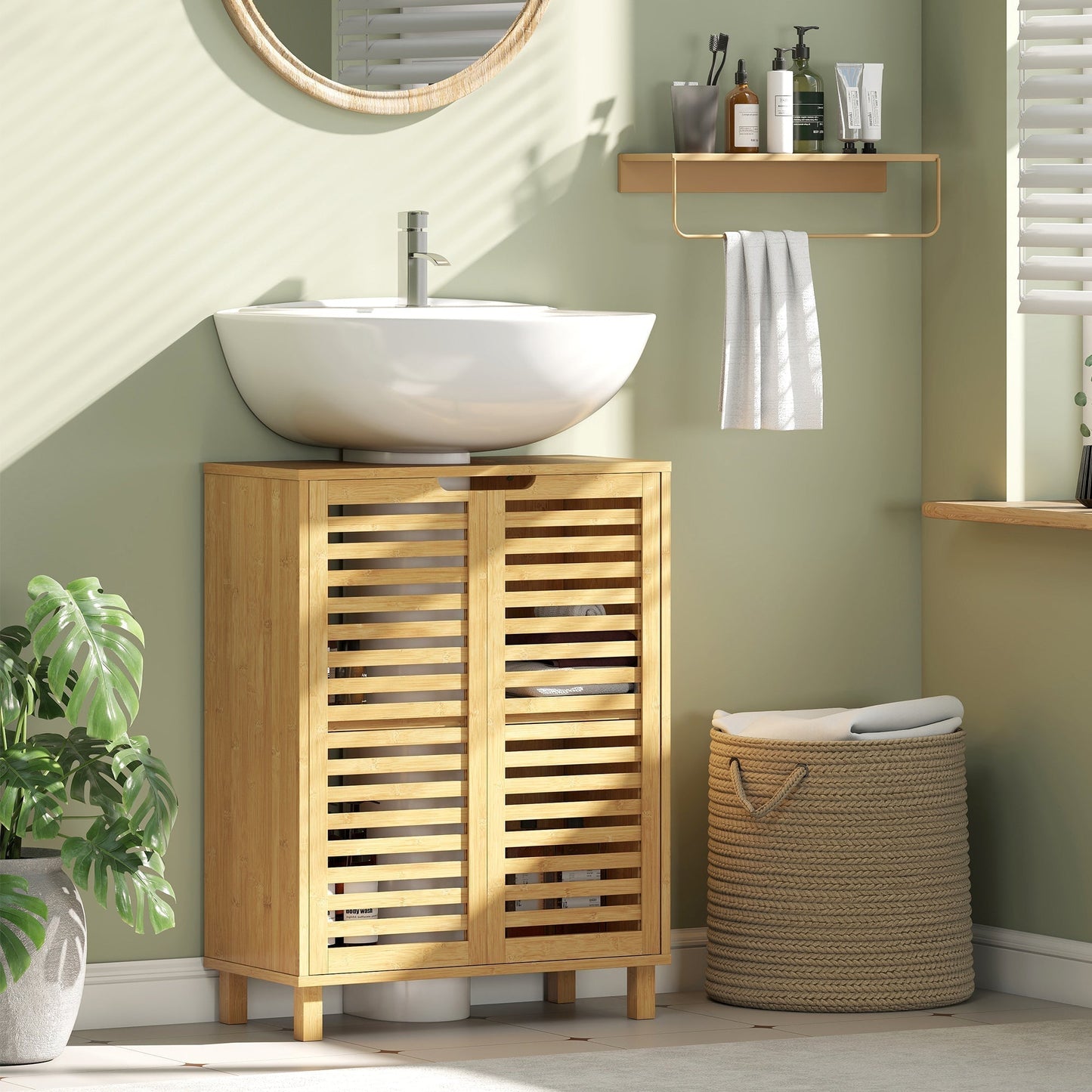 HOMCOM Under Sink Bathroom Cabinet, Freestanding Bamboo Under Sink Cabinet with Louvered Doors and Adjustable Shelf, Natural