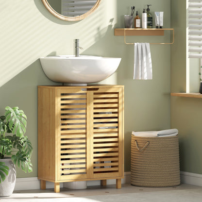 HOMCOM Under Sink Bathroom Cabinet, Freestanding Bamboo Under Sink Cabinet with Louvered Doors and Adjustable Shelf, Natural