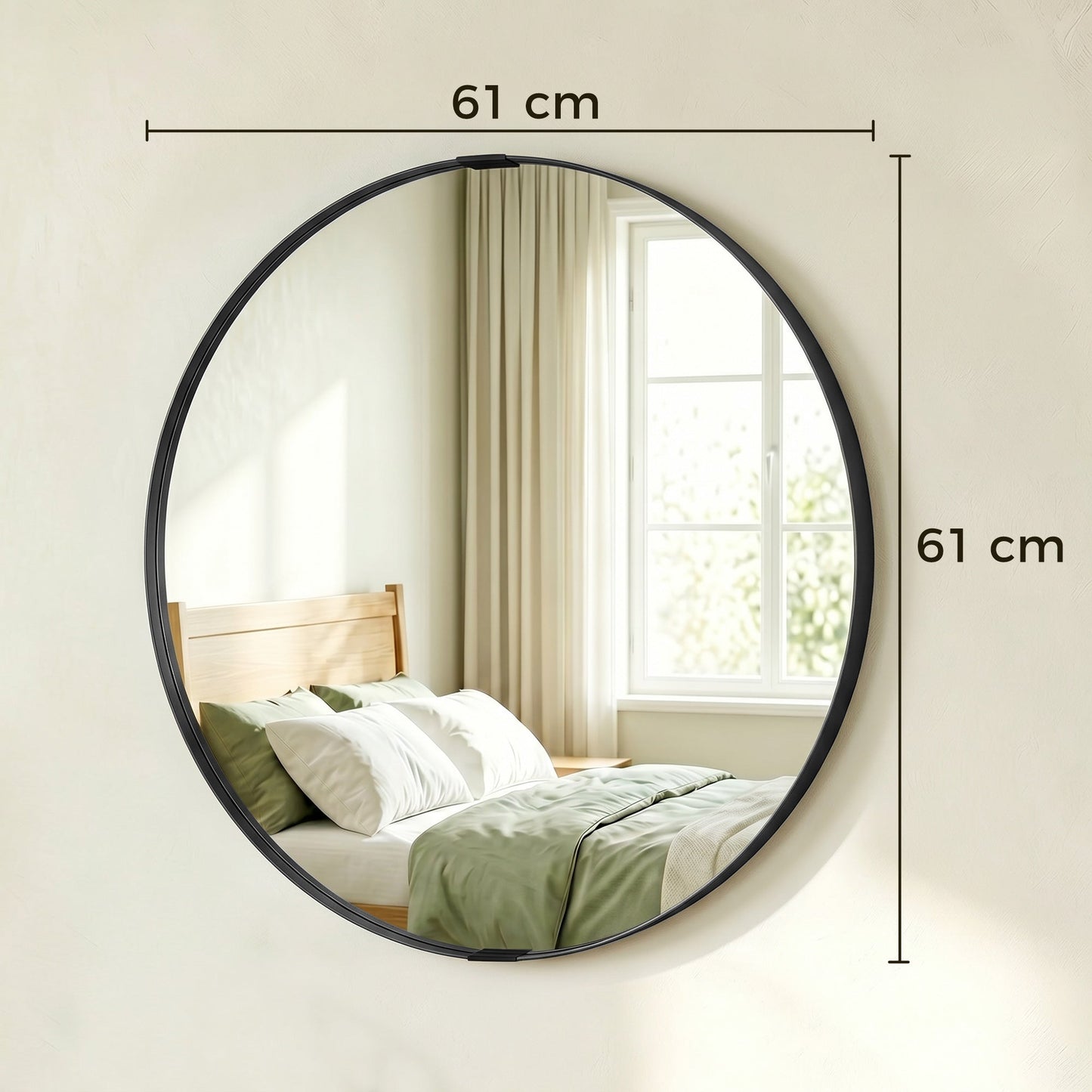 HOMCOM Round Wall Mirror 61 cm, Wall Mounted Bathroom Mirror with Tempered Safety Glass and Aluminium Alloy Frame, Black