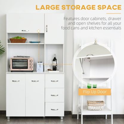 HOMCOM Kitchen Cupboard, 183cm Tall Storage Cabinet with Countertop, Sideboard with 3 Small Drawers, Flip Up Top Door, 3 Cabinet Doors and Open Shelves, 100W x 39.5D x 183.5H cm, White