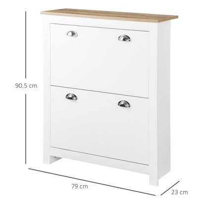 HOMCOM 2 Drawer Shoe Cabinet Modern Narrow Shoe Cupboard Hallway Wooden Storage Organiser with Flip Doors Adjustable Shelf for 6-12 Pairs, White