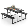 Outdoor Rectangular Camping Dining Table and 2 Benches with Umbrella Hole-Black