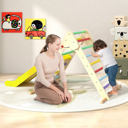 The climbing frame with a slide being used by a toddler while an adult watches nearby