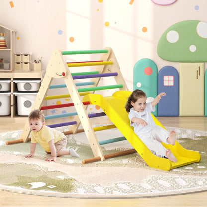 Colourful Pikler triangle climber with a yellow slide, with two young children playing on it