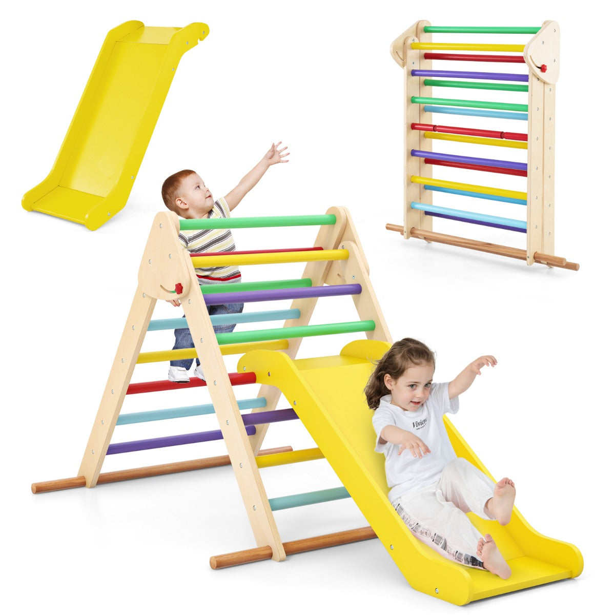 The climbing frame with a slide showing children actively playing on the wooden structure