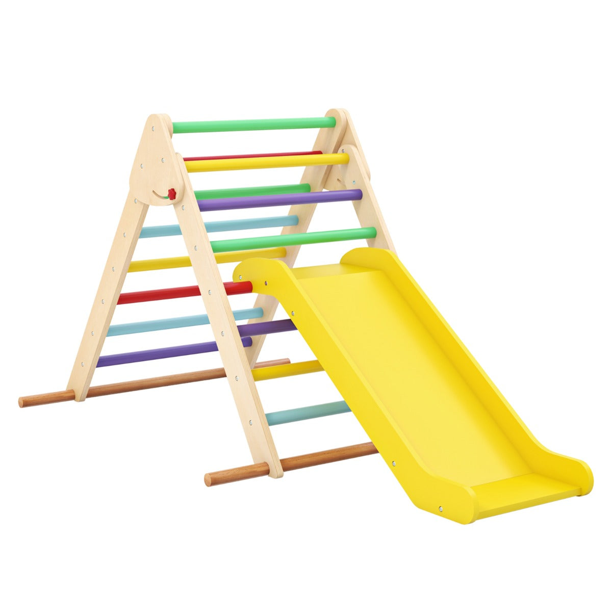 Pikler Triangle Set with a yellow slide attached to the colourful wooden climbing frame