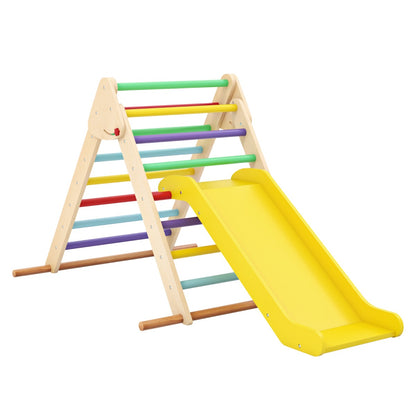 Pikler Triangle Set with a yellow slide attached to the colourful wooden climbing frame