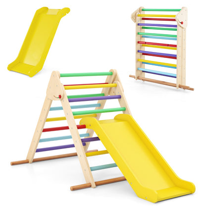The climbing frame shown in three different configurations including folded and with a slide
