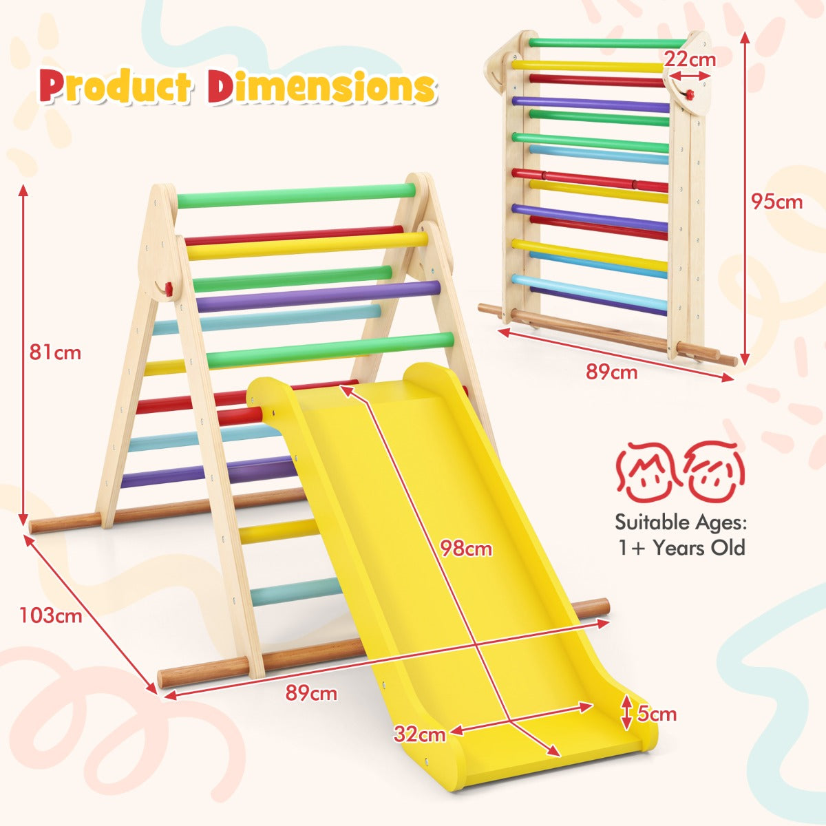 The climbing frame with a slide showing dimensions for height and width on a graphic background