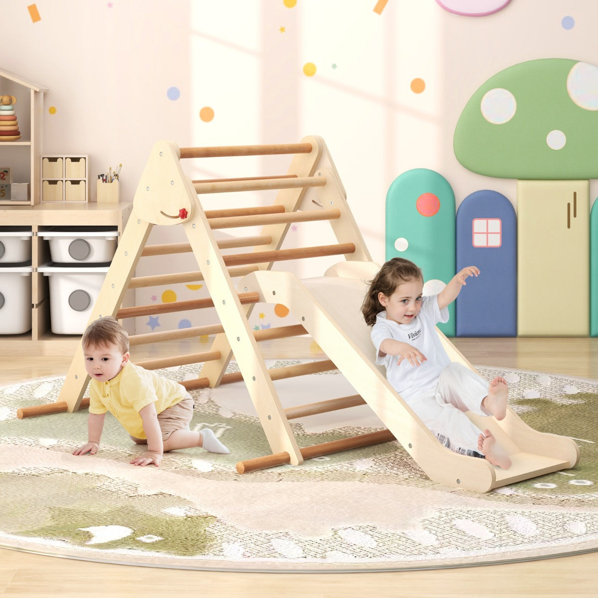 A baby boy crawling and a girl sliding down the climbing frame with slide in a playroom