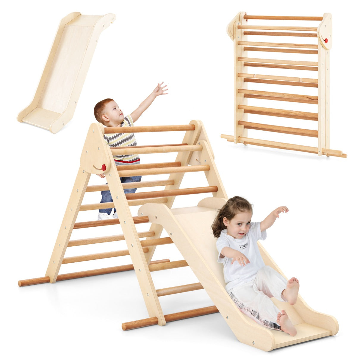Two children playing on the natural wood climbing frame with slide and a separate climbing wall