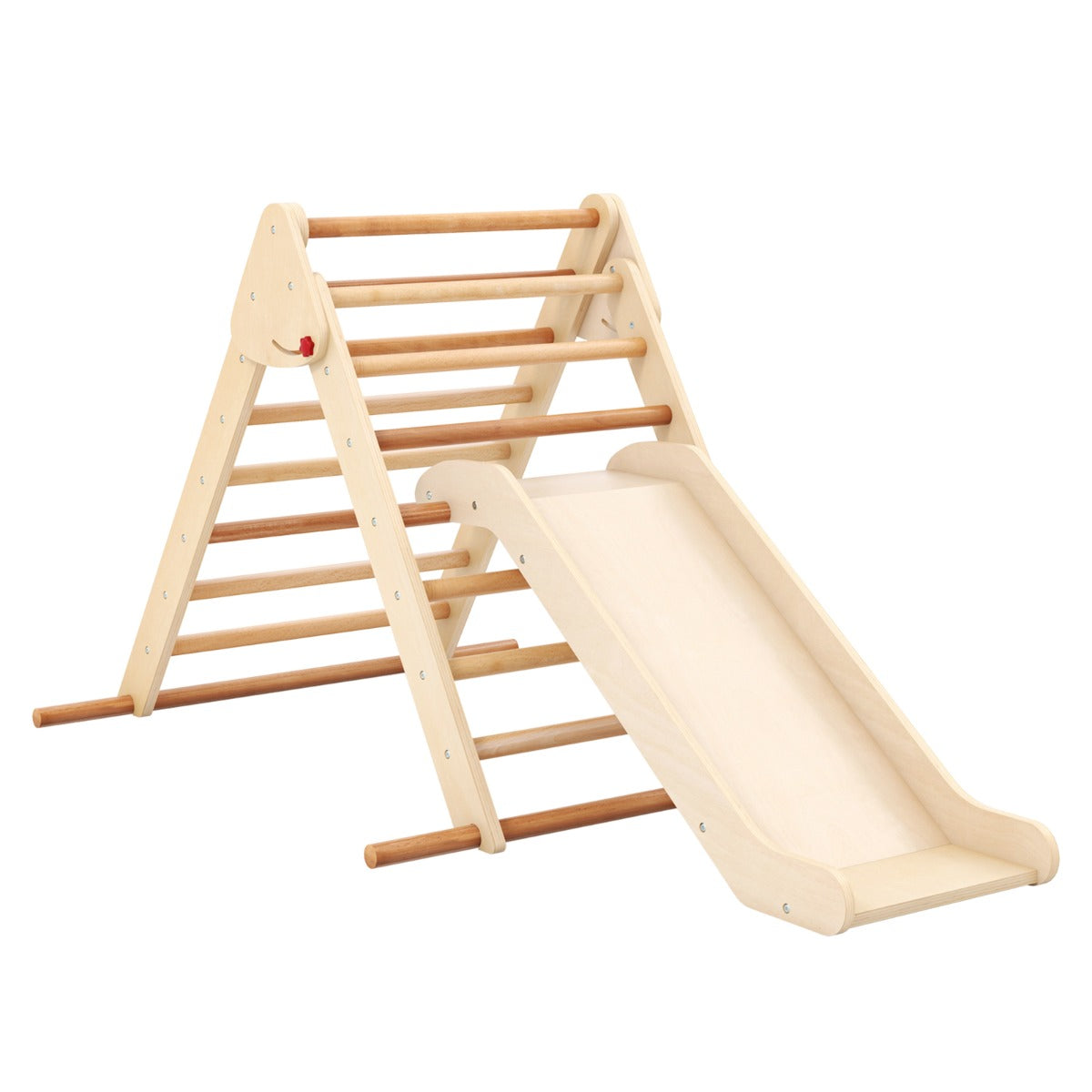 Pikler Triangle Set Foldable Triangle Climber with Slide-Natural, a wooden climbing frame with a slide