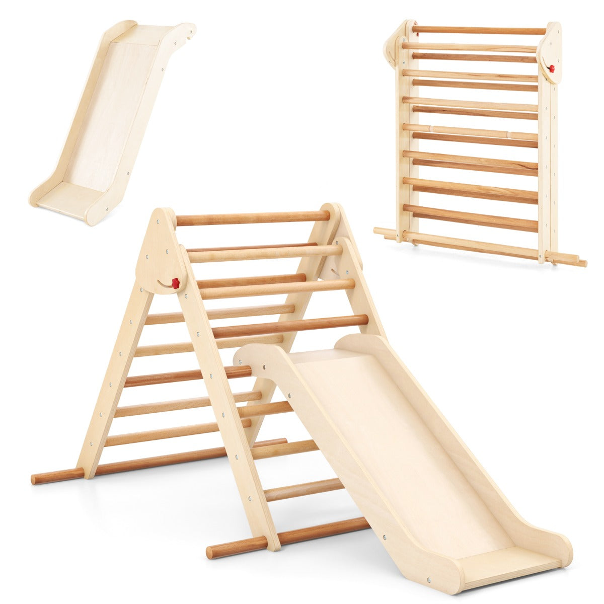 A natural wood Pikler triangle climber with slide and a separate climbing wall attachment