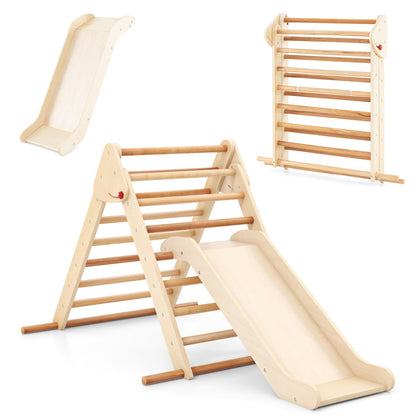 A natural wood Pikler triangle climber with slide and a separate climbing wall attachment