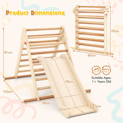 Product dimensions diagram showing the size of the natural wood climbing frame with slide