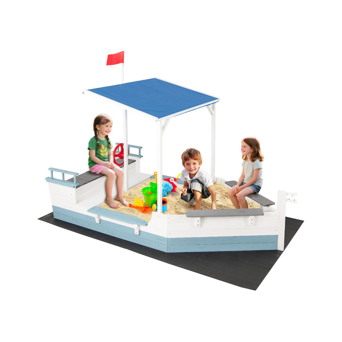 The pirate ship sandbox with canopy, flag and rudder, with three children playing inside