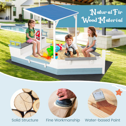 The pirate ship sandbox with canopy showing natural fir wood material and construction details