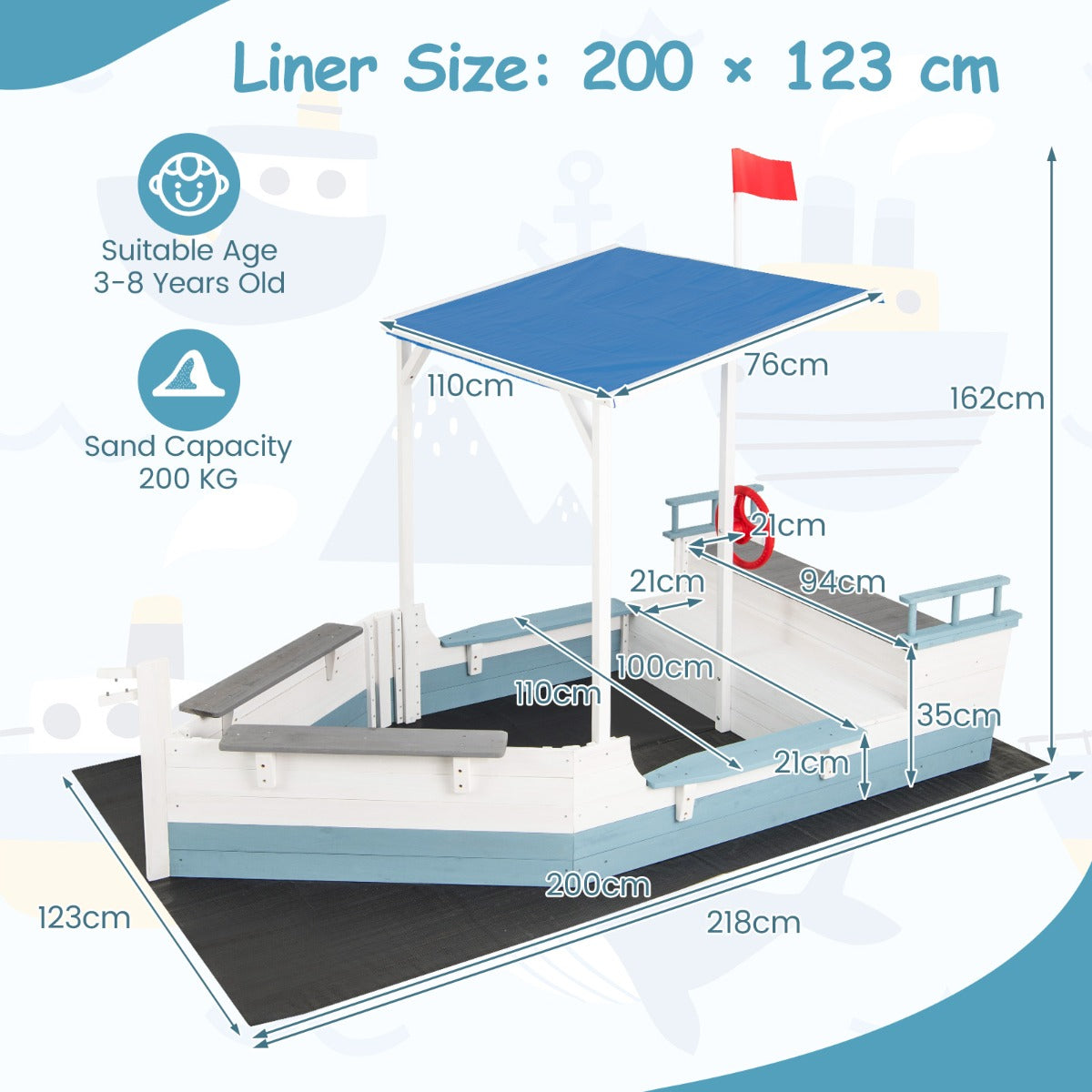 The pirate ship sandbox with canopy showing dimensions and sand capacity