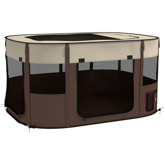 PawHut Foldable Dog Pen with Storage Bag for Indoor/Outdoor Use, Portable Pet playpen, with Ground Stakes - Brown